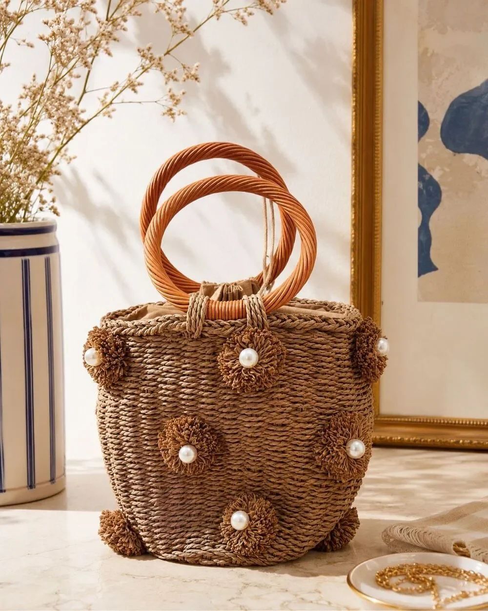 BOUTIQUE Woven Raffia Pearl Floral Top Handle Mini Tote Bag